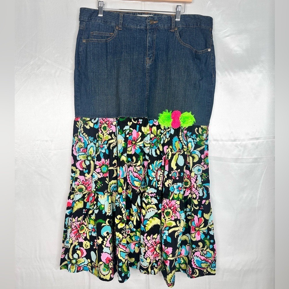 Upcycled Denim Floral Tiered Maxi Skirt Boho Rosette Accent Blue Multi Size 12